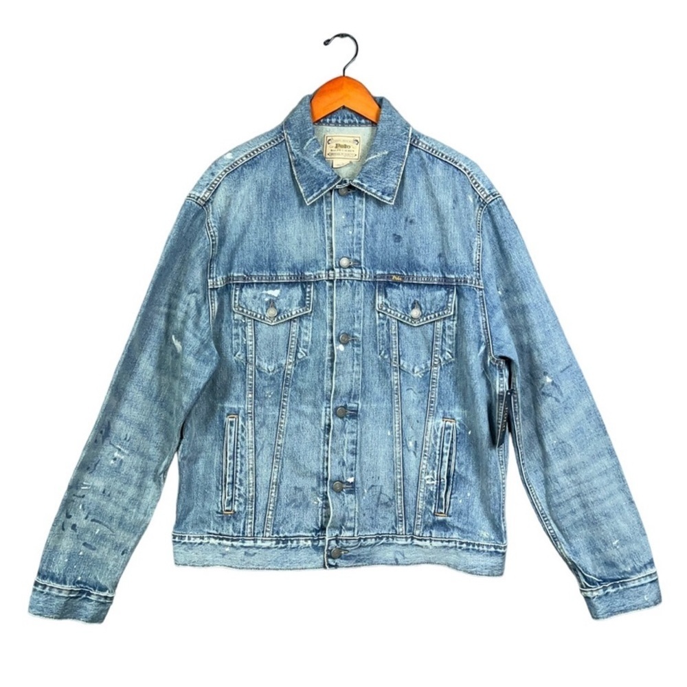 NWT Polo Ralph Lauren Men Distress Paint Splatter Denim Trucker Jacket size 2XLT